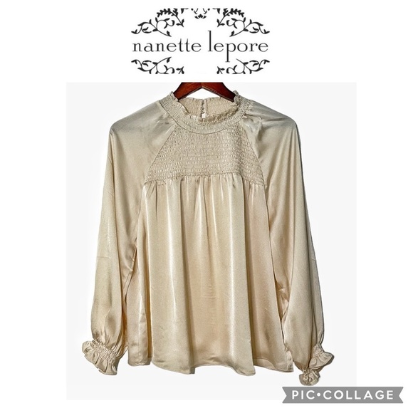 Nanette Lepore Tops - Nanette Lepore satin smocked neck and chest balloons sleeves beige XL NWT